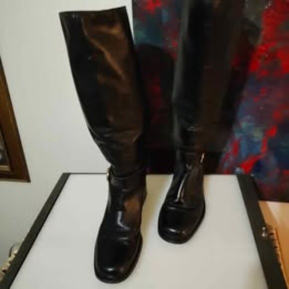 Etienne Aigner Black Leather Riding Boots Size 6 1/2 - Picture 1 of 4